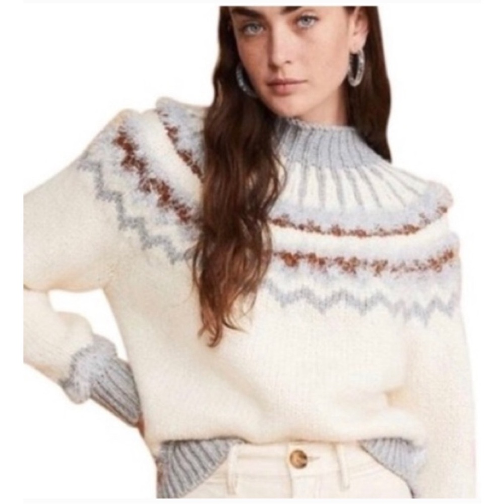LOU & GREY • Irish Cream Festive Metallic Accent Fair Isle Mockneck Sweater XL